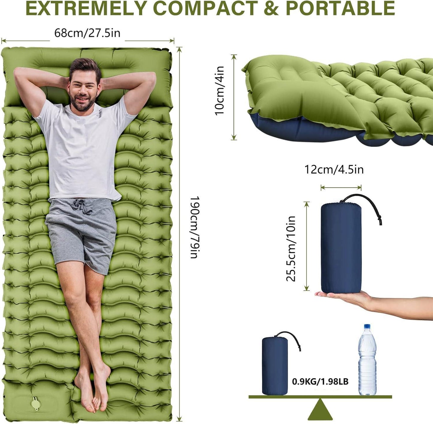Grey 190cm Ultra-Light Foot Pump Inflatable Camping Sleeping Pad