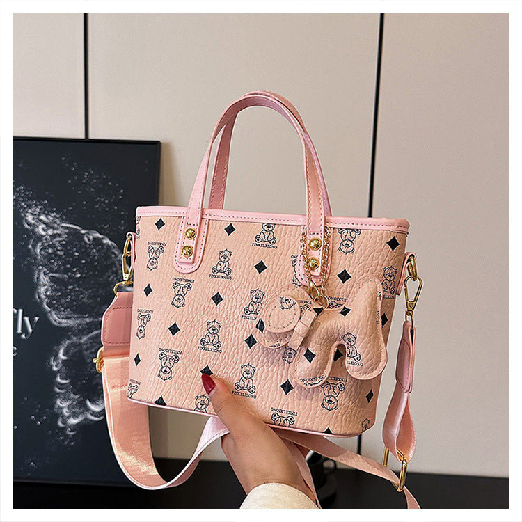Chic Print Tote Bag with Bear Charm - Versatile Handbag & Crossbody(Brown)