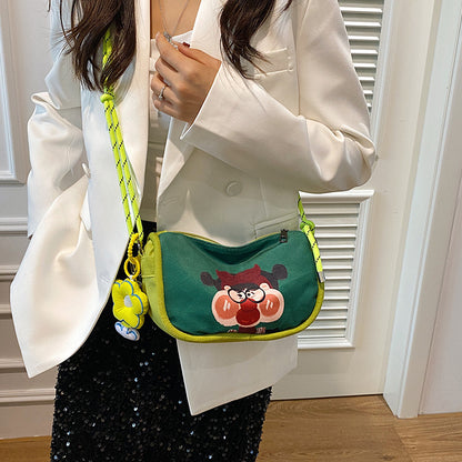 Whimsical Cartoon Girl Crossbody Bag - Lightweight Canvas with Adjustable Rope Strap & Flower Charm(green)