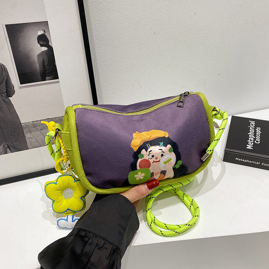 Whimsical Cartoon Girl Crossbody Bag - Lightweight Canvas with Adjustable Rope Strap & Flower Charm(Purple)