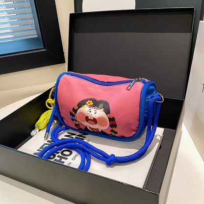 Whimsical Cartoon Girl Crossbody Bag - Lightweight Canvas with Adjustable Rope Strap & Flower Charm(Purple)