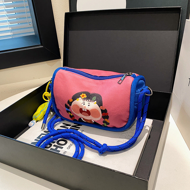 Whimsical Cartoon Girl Crossbody Bag - Lightweight Canvas with Adjustable Rope Strap & Flower Charm(Pink)