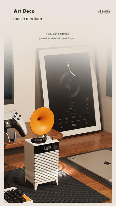 Art Deco Retro Bluetooth Speaker with Gramophone Horn & Ambient Light - Multi-Function Audio Player(white)