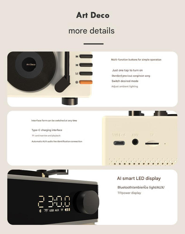 Art Deco Retro Bluetooth Speaker with Gramophone Horn & Ambient Light - Multi-Function Audio Player(white)