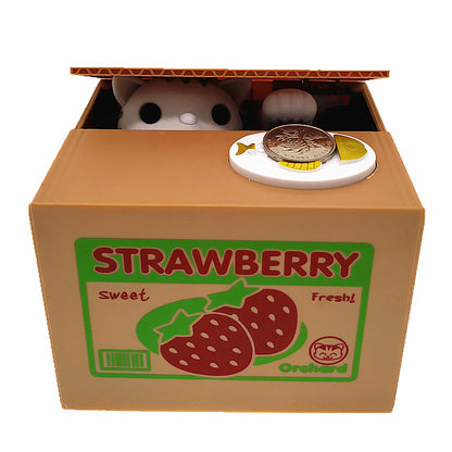 Adorable Cat Stealing Coin Piggy Bank - Automatic Money Saving Box for Kids & Adults(Strawberry white cat)