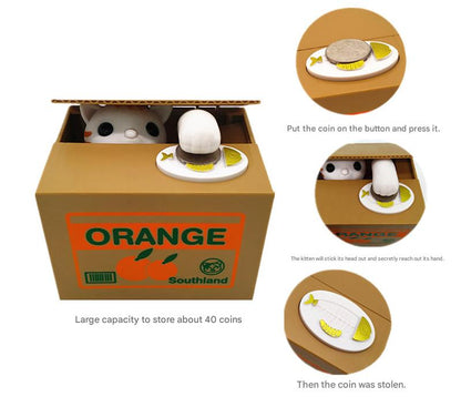 Adorable Cat Stealing Coin Piggy Bank - Automatic Money Saving Box for Kids & Adults(English yellow cat)