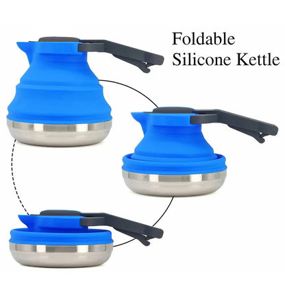 Rose Red 1.5L Collapsible Silicone Camping Kettle - Portable Foldable Travel Water Boiler, Stainless Steel Base