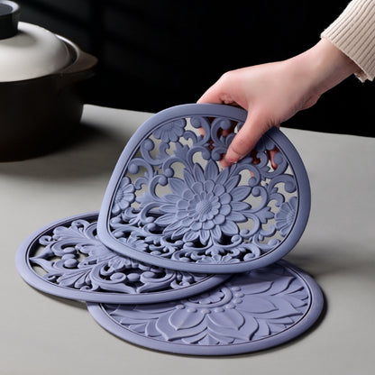 Elegant Floral Silicone Trivet Mat Set (3-Pack, Grey) - Heat Resistant, Non-Slip Kitchen Hot Pads & Pot Holders