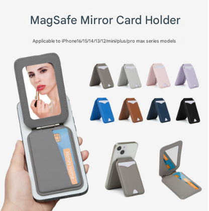 Black Chic MagSafe Wallet with Mirror & Stand - PU Leather Card Holder for iPhone 12-16 Series