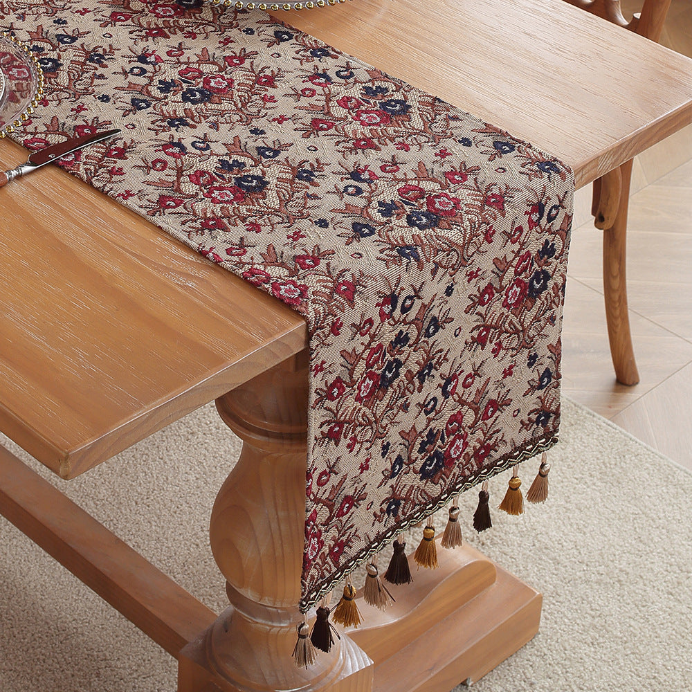 Jacquard Begonia American Retro Jacquard Embroidered Table Runner - Light Luxury Table Mat 30cm x 180cm with Tassels