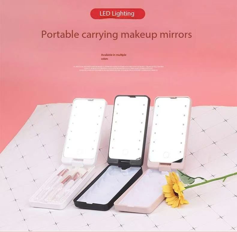 2-Piece Pink Portable LED Makeup Mirror with Brush - Foldable, Rotatable, and Rechargeable Travel Vanity Mirror