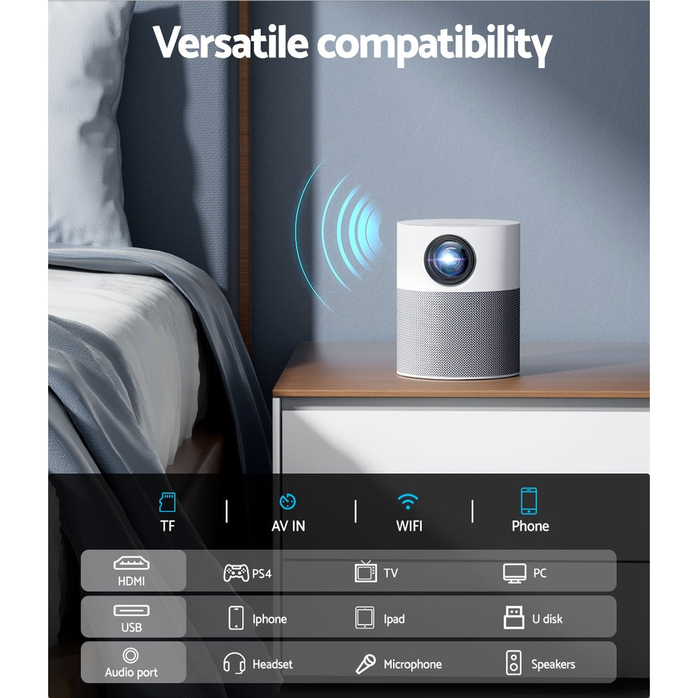 Devanti Mini Video Projector — Native 1080p, Wi-Fi Screencast, Tripod Included