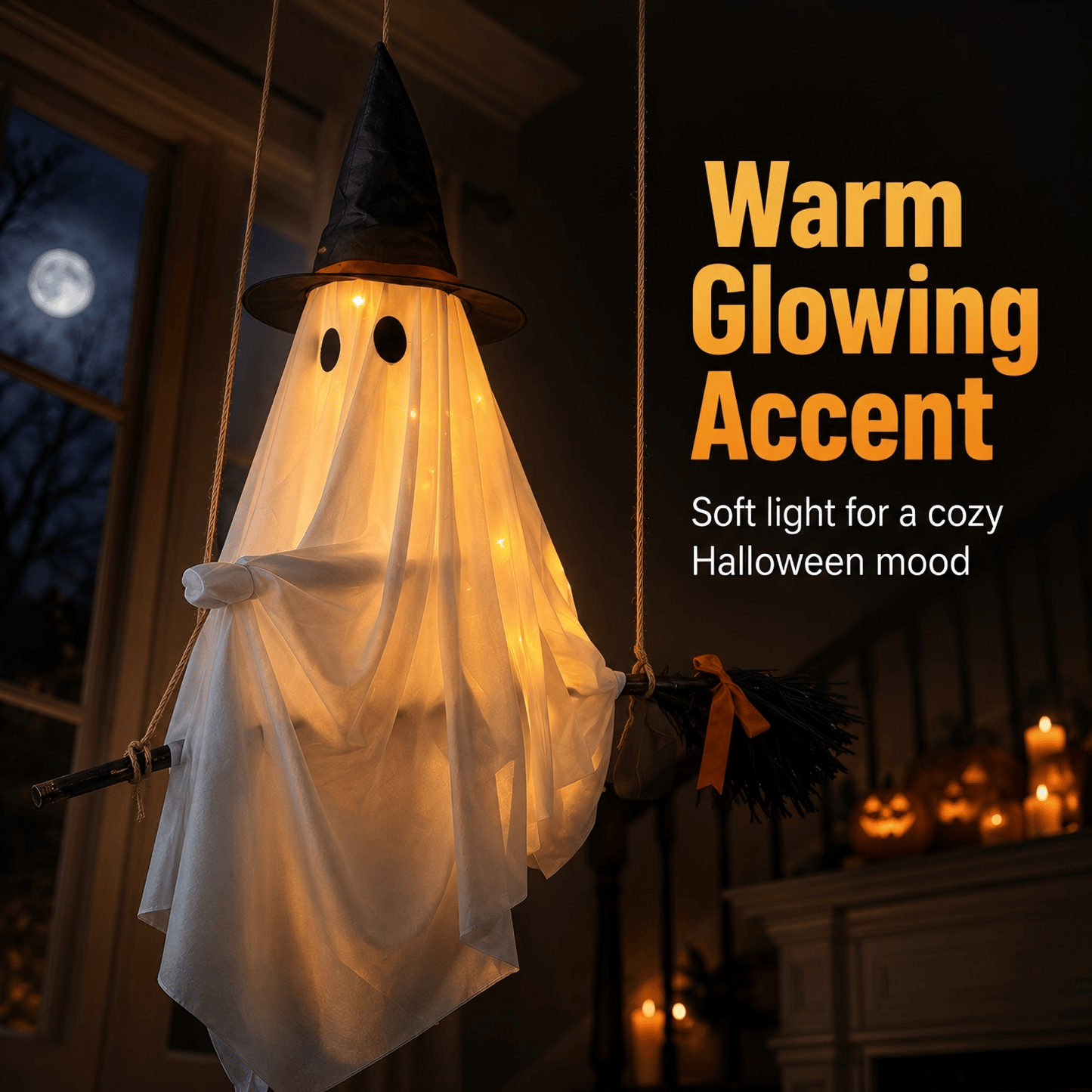 Light-Up Flying Broom Ghost — Hanging Halloween Decoration 8