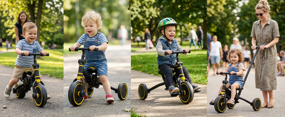 Four children using the KINDRIDE Rove in walker, balance bike, trike and push-trike modes