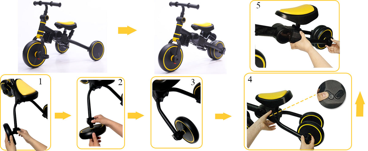 Step-by-step diagram showing how to convert the KINDRIDE Rove between modes without tools