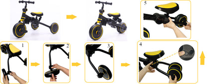Step-by-step diagram showing how to convert the KINDRIDE Rove between modes without tools