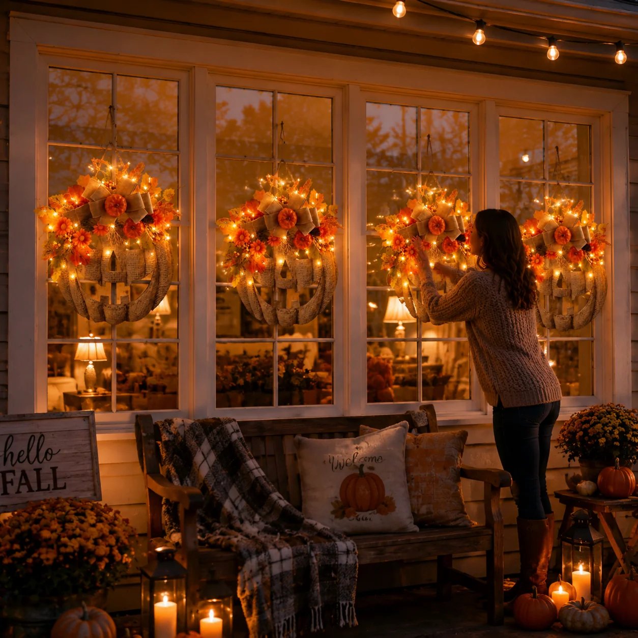 Lighted Burlap Pumpkin Wreath — Halloween Front Door Decor 14