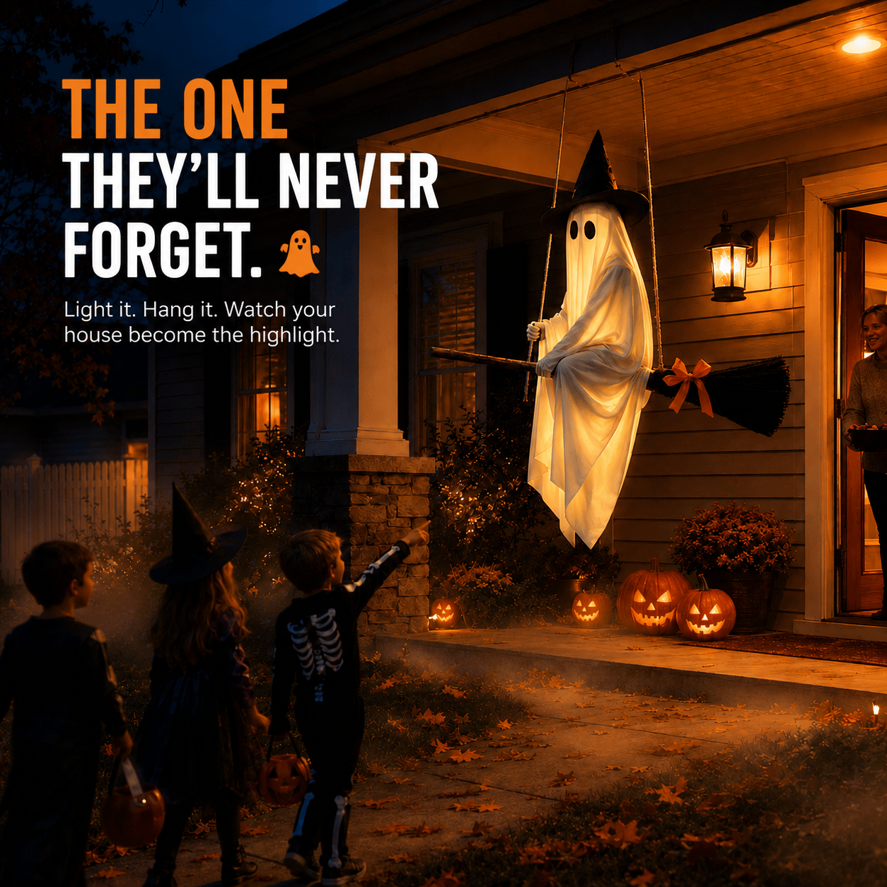 Light-Up Flying Broom Ghost — Hanging Halloween Decoration 16