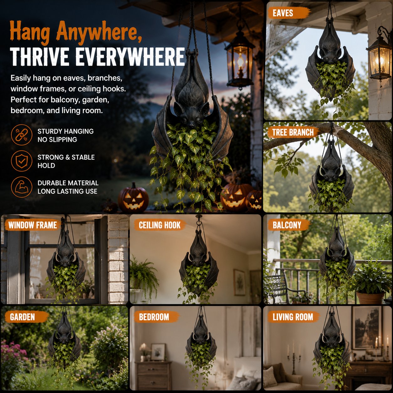 Hanging Bat Plant Pot — Gothic Halloween Planter 15