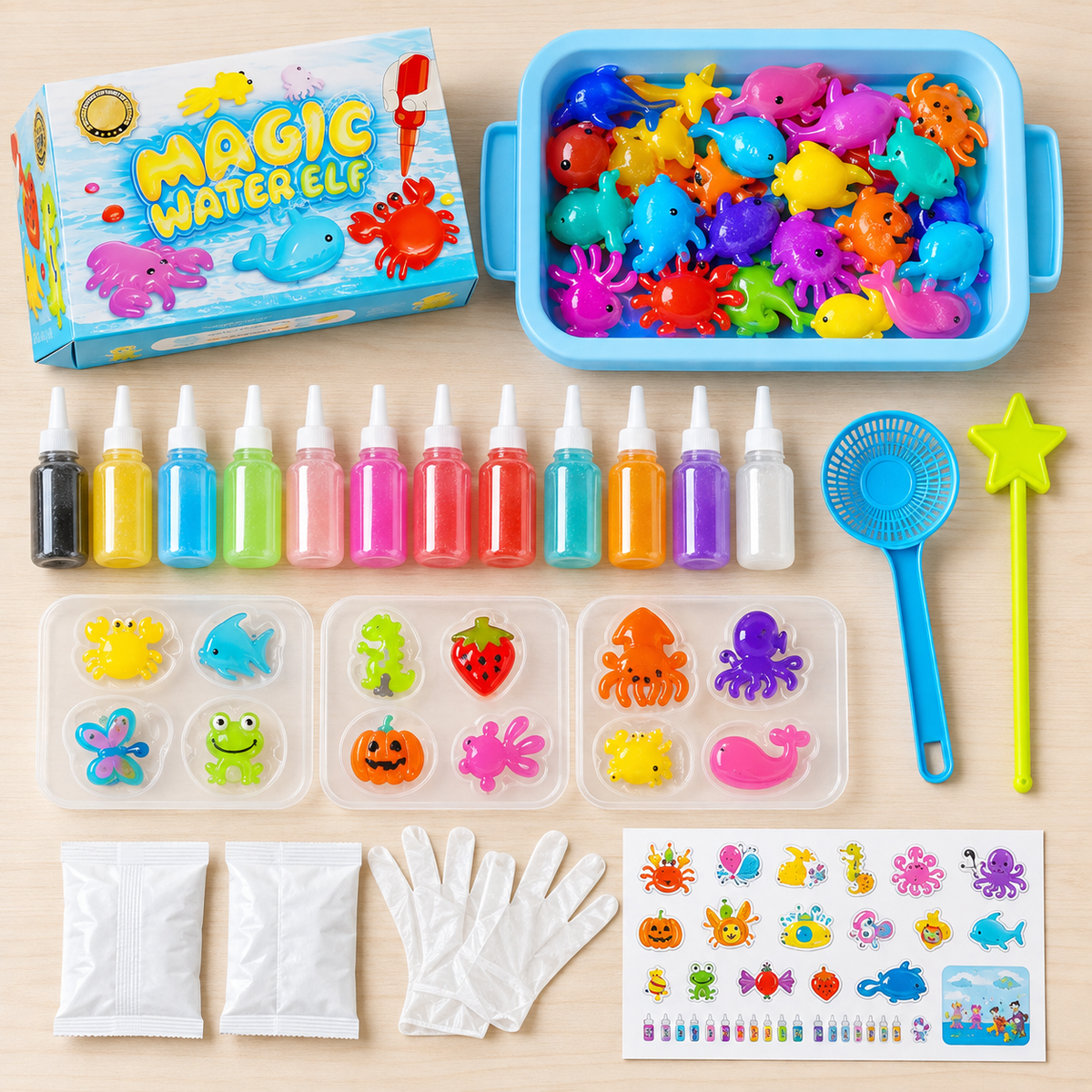 Everything included in the Magic Water Elf kit — bottles, molds, tray and finished creatures