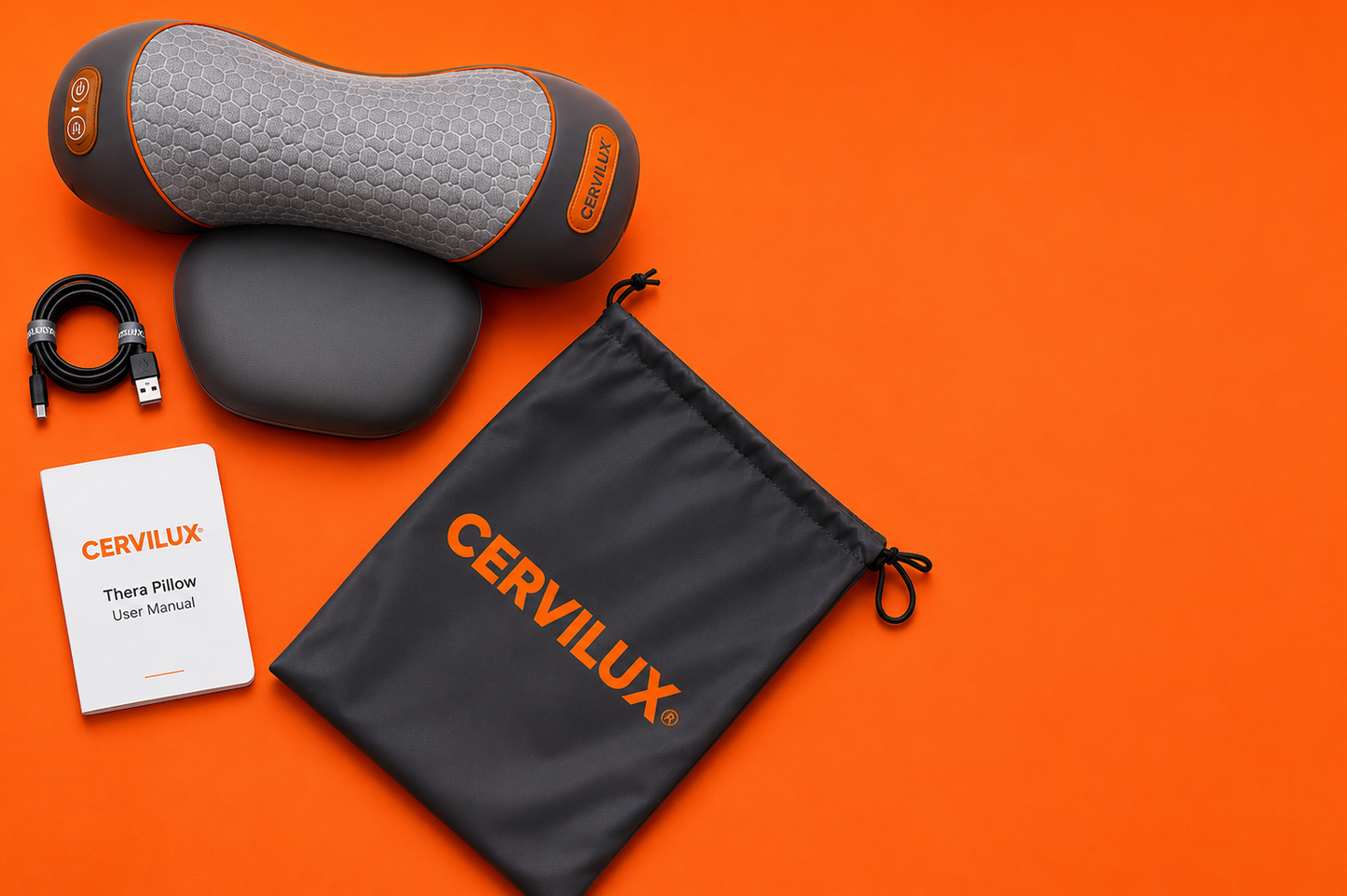 CerviLux neck pillow box contents — pillow, USB-C cable, carry pouch, manual