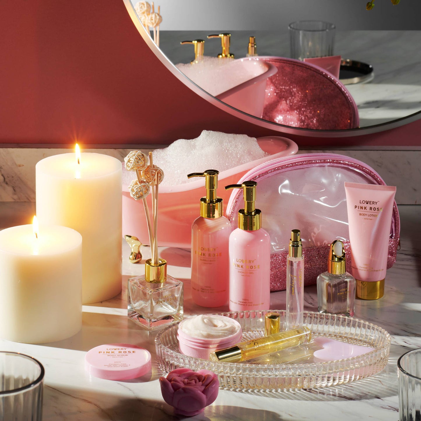 Luxury Pink Rose Bath and Body Set, 18pc Birthday Spa Kit