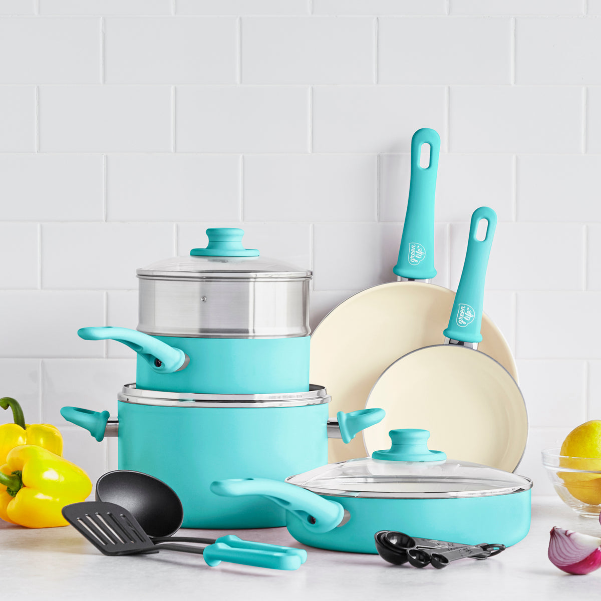 GreenLife Soft Grip 12-piece ceramic cookware set in turquoise — image 2