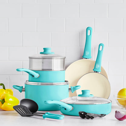 GreenLife Soft Grip 12-piece ceramic cookware set in turquoise — image 2