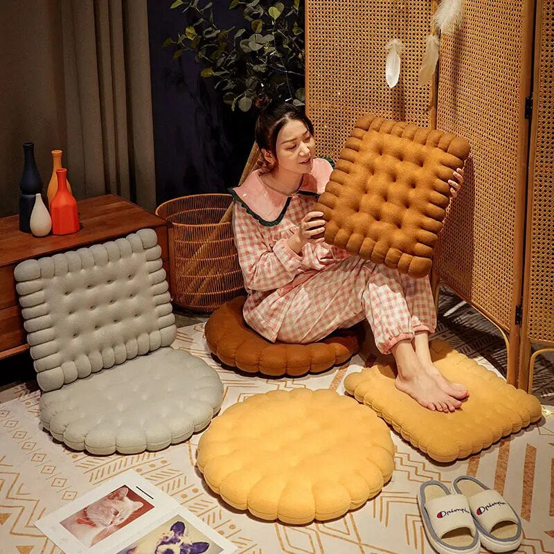 Anyhouz Plush Pillow Light Brown Square Biscuit Shape Stuffed Soft Pillow Seat Cushion Room Decor