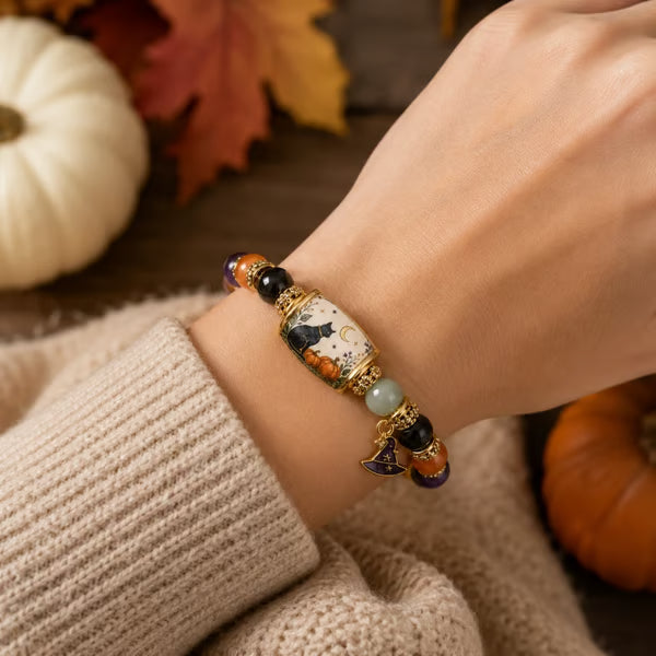 Halloween Black Cat & Pumpkin Beaded Bracelet Gift Set 8