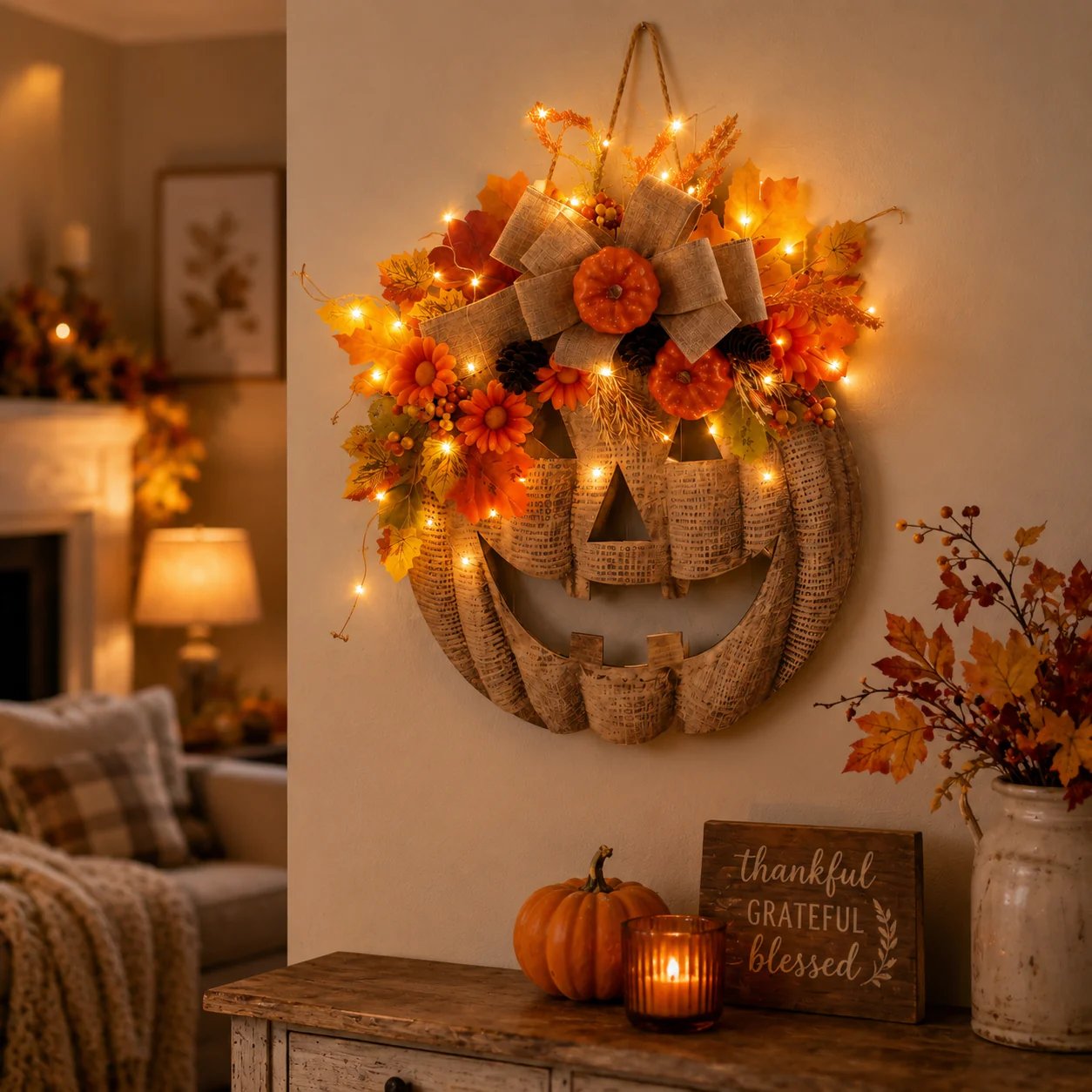 Lighted Burlap Pumpkin Wreath — Halloween Front Door Decor 13