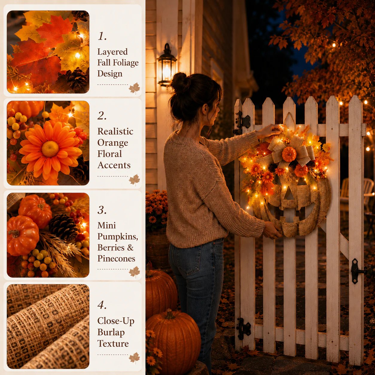 Lighted Burlap Pumpkin Wreath — Halloween Front Door Decor 10