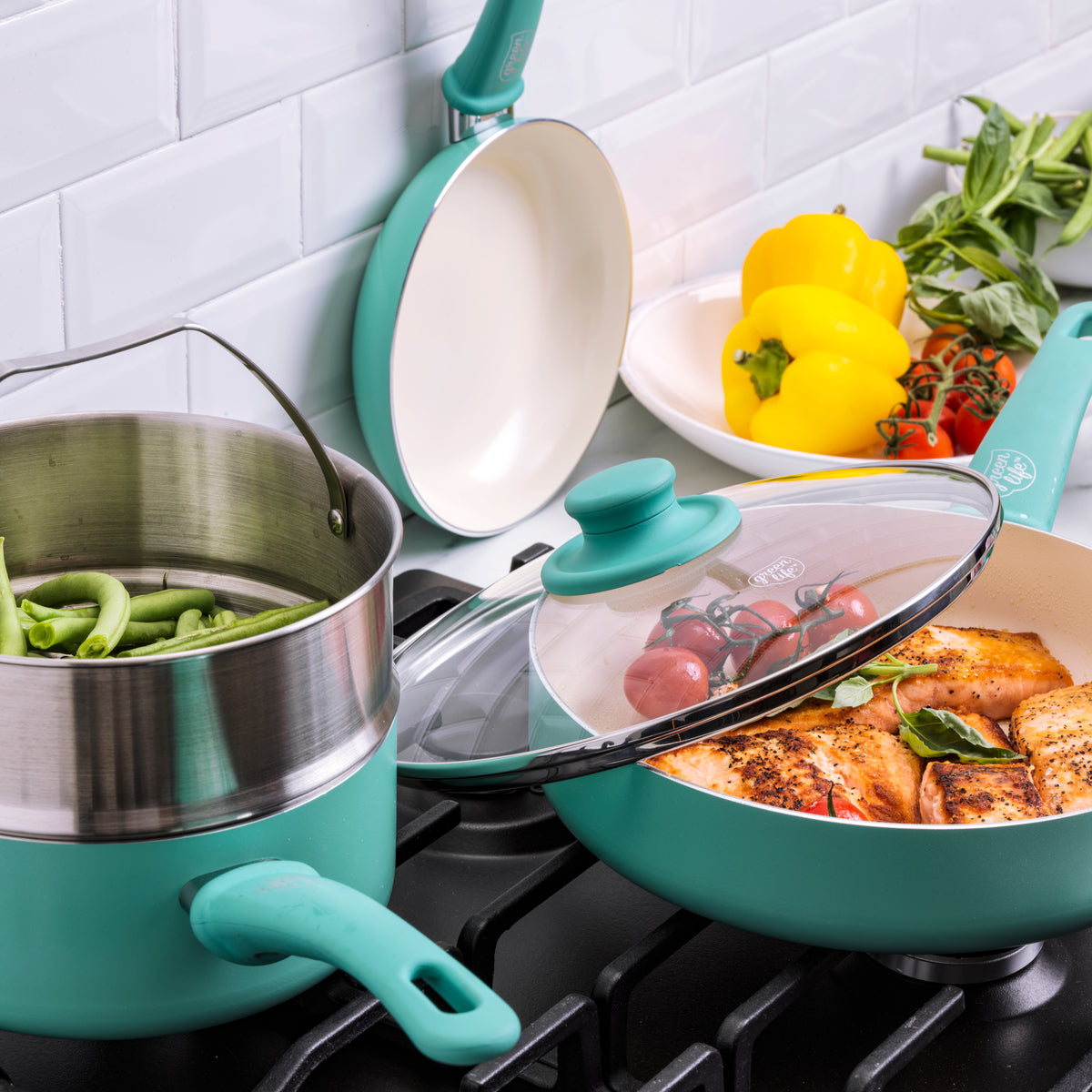 GreenLife Soft Grip 12-piece ceramic cookware set in turquoise — image 6