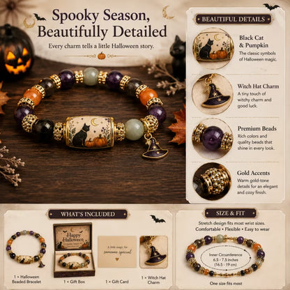 Halloween Black Cat & Pumpkin Beaded Bracelet Gift Set 10