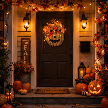 Lighted Burlap Pumpkin Wreath — Halloween Front Door Decor 8