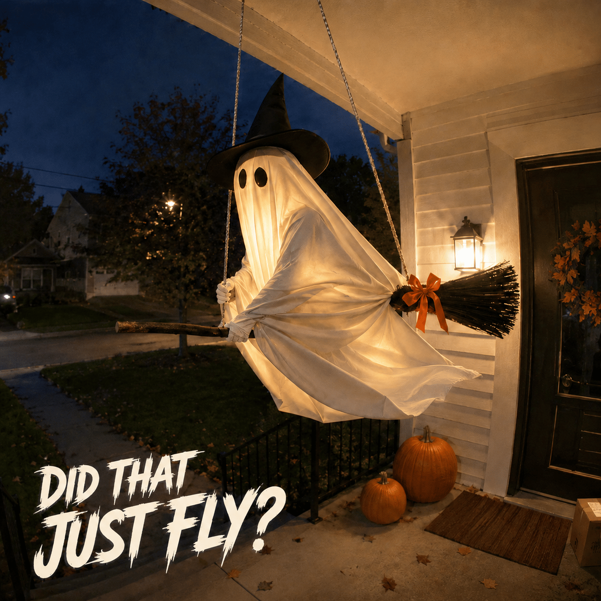 Light-Up Flying Broom Ghost — Hanging Halloween Decoration
