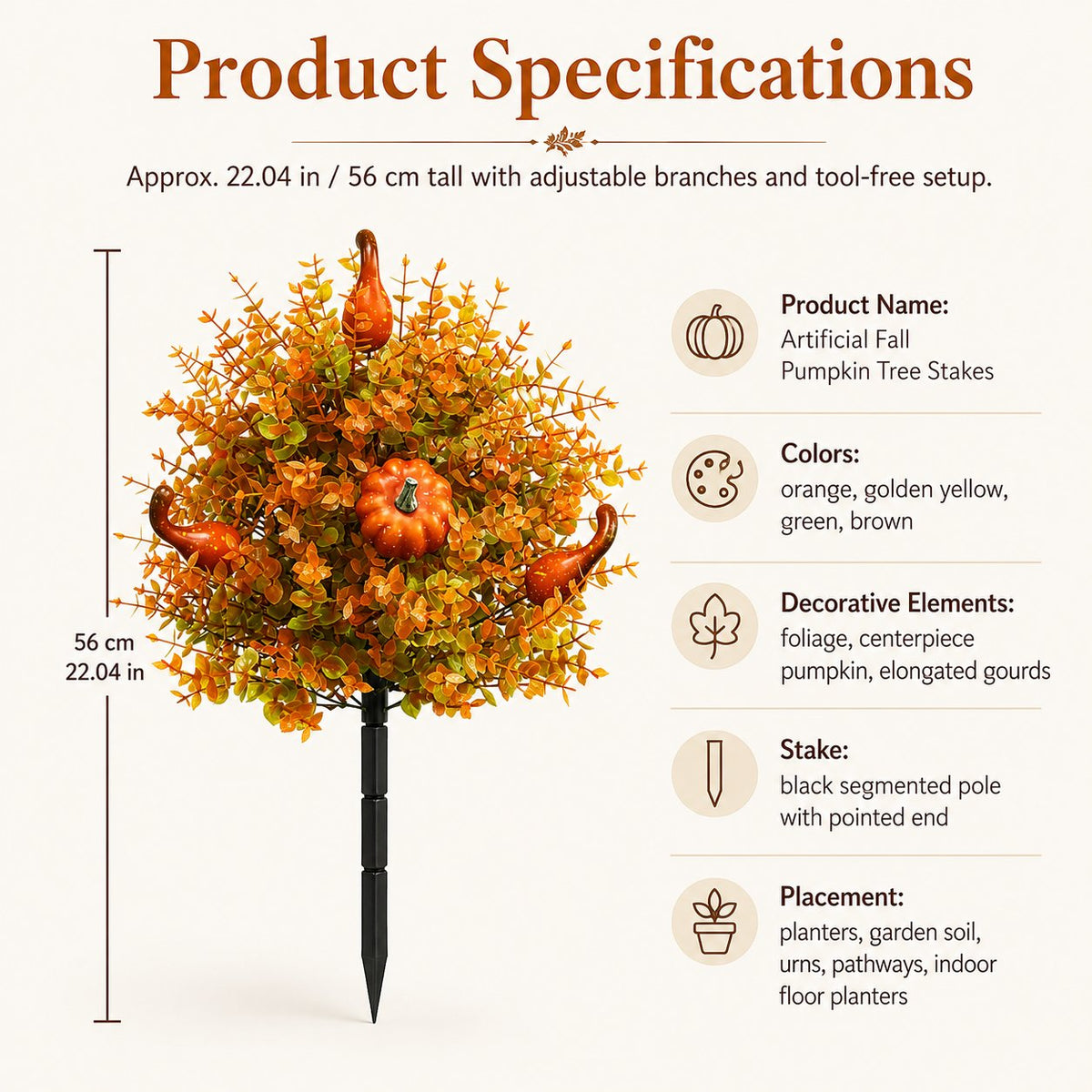 Artificial Fall Pumpkin Tree Stakes — Autumn Garden Decor