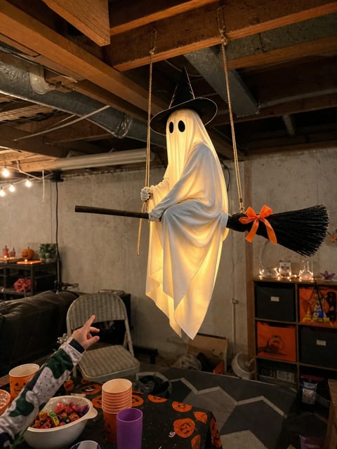 Light-Up Flying Broom Ghost — Hanging Halloween Decoration 20