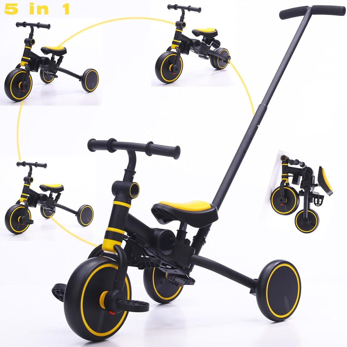 KINDRIDE Rove 5-in-1 kids trike in black and yellow with parent push handle