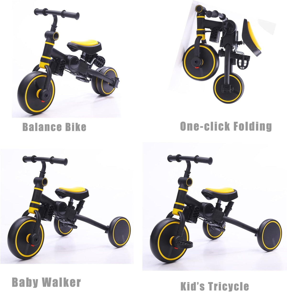 The four riding configurations of the KINDRIDE Rove: balance bike, folded, walker and tricycle
