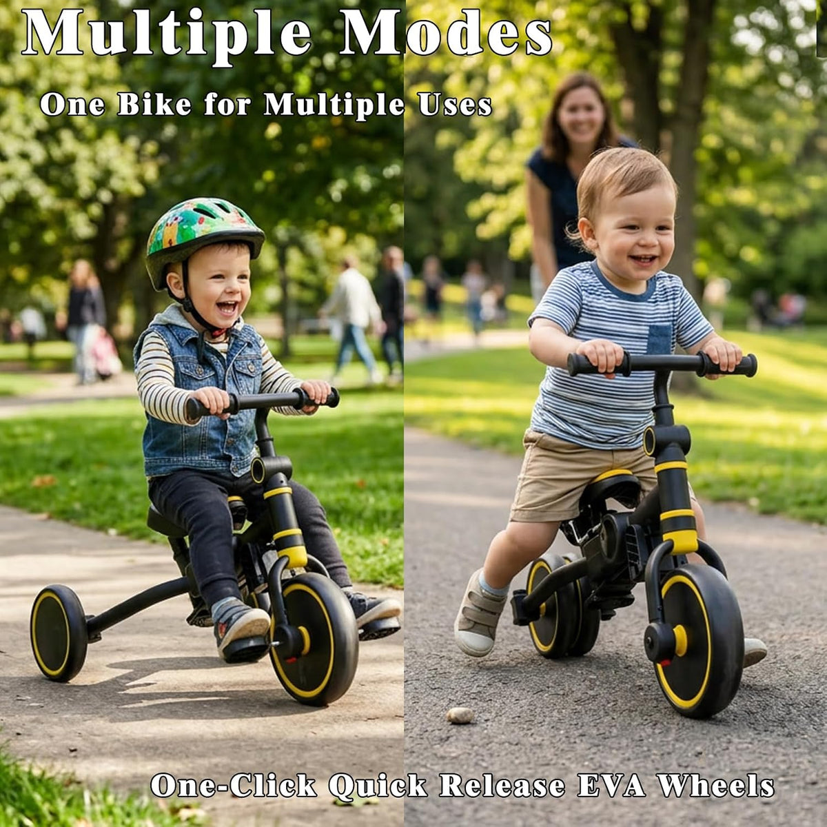 Two toddlers riding the KINDRIDE Rove outdoors in a park