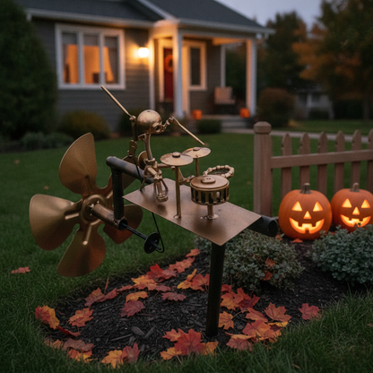 Skeleton Drummer Kinetic Wind Spinner — Halloween Garden Metal Yard Decor — lifestyle