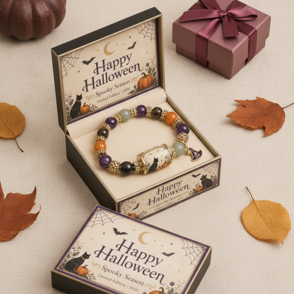 Halloween Black Cat & Pumpkin Beaded Bracelet Gift Set — lifestyle