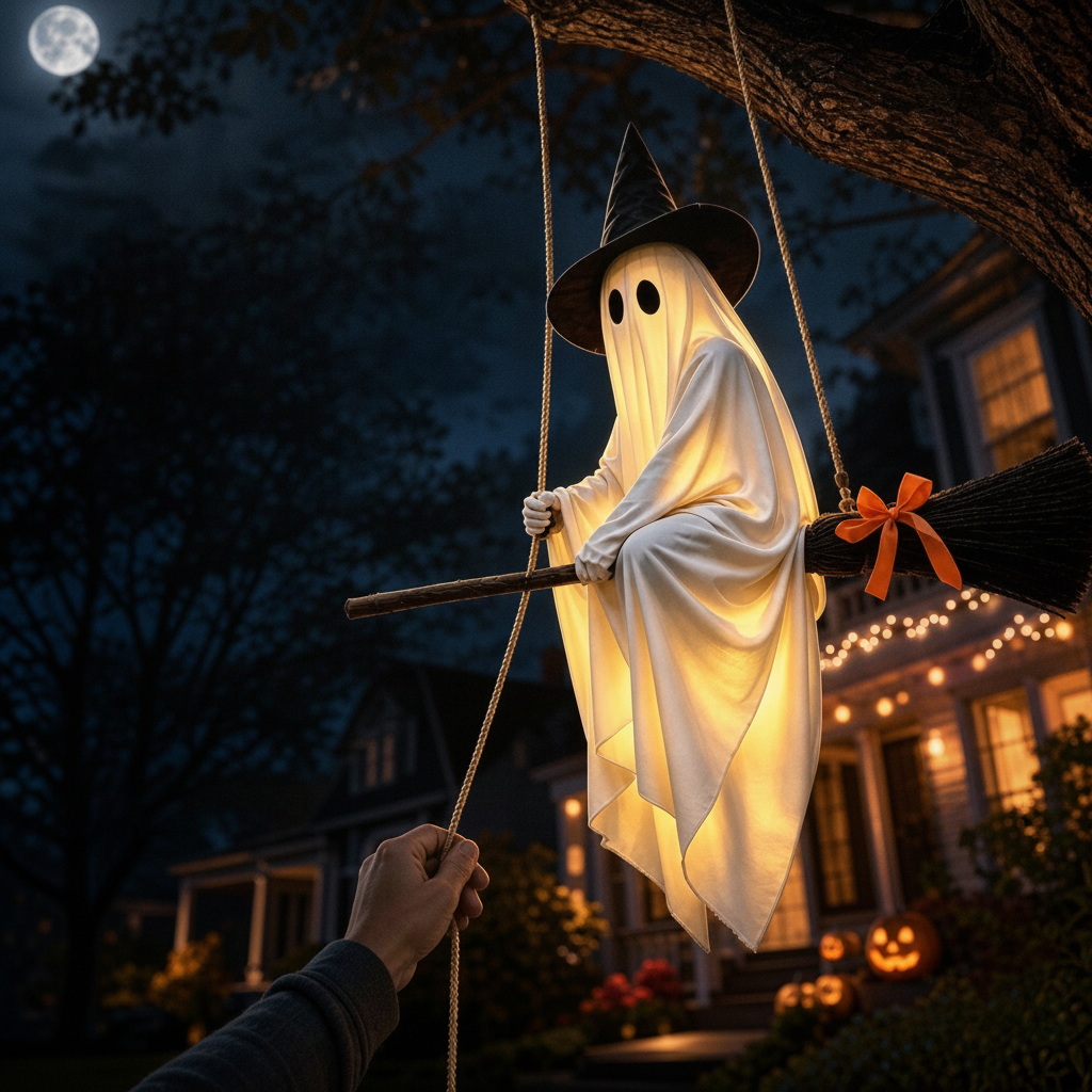 Light-Up Flying Broom Ghost — Hanging Halloween Decoration — lifestyle