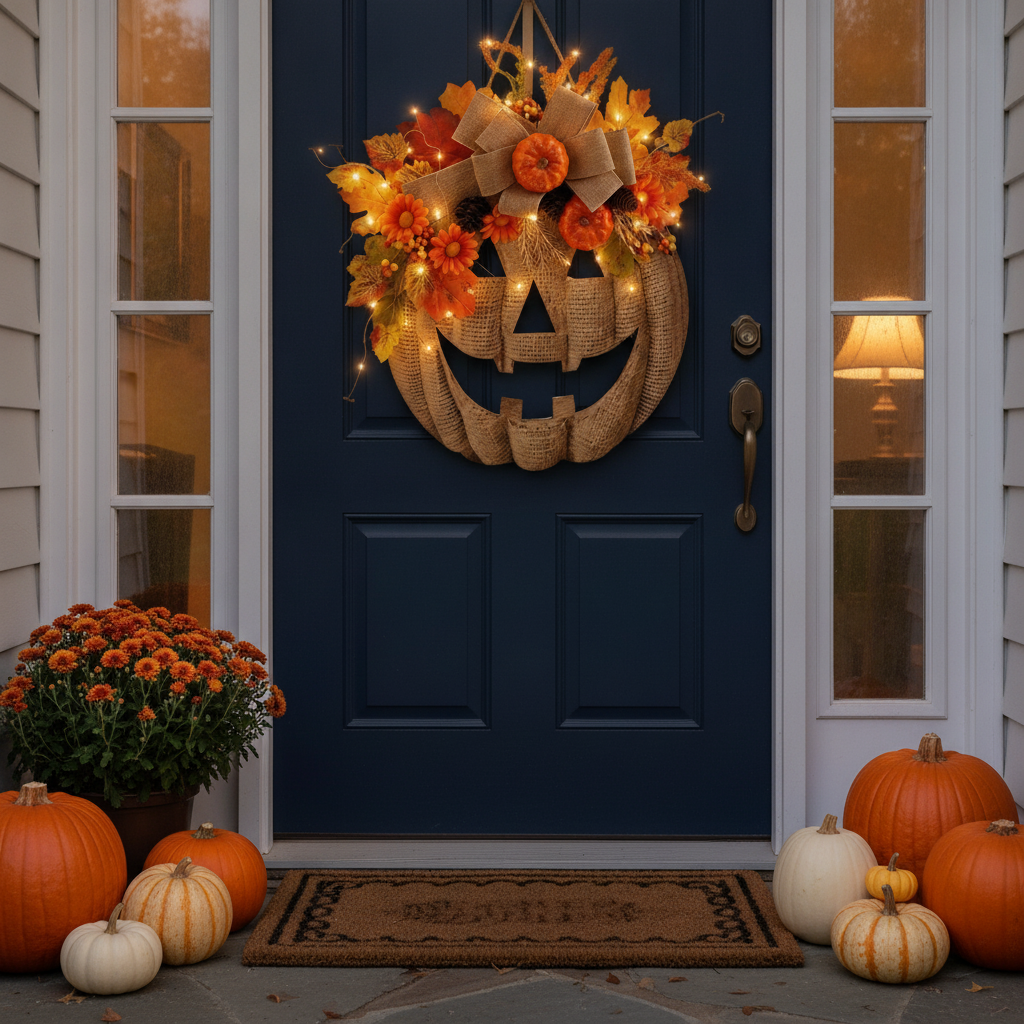 Lighted Burlap Pumpkin Wreath — Halloween Front Door Decor — lifestyle