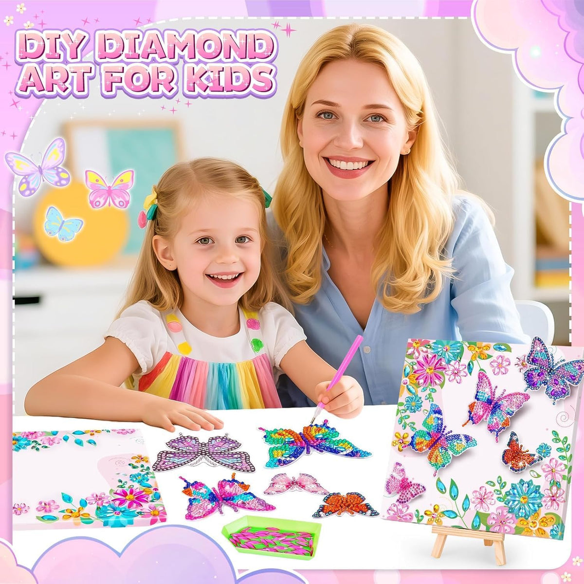 A mother and daughter at a table working on the butterfly canvas together, with raised butterflies and the gem tray in front of them