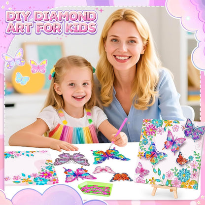 A mother and daughter at a table working on the butterfly canvas together, with raised butterflies and the gem tray in front of them