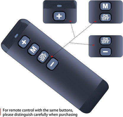 Button layout comparison - plus, M, on-off then minus, top to bottom