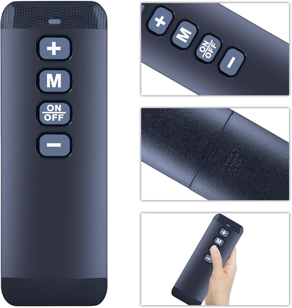 The remote shown in the hand for scale
