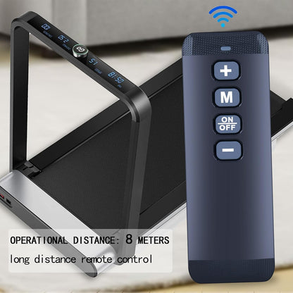 The remote operating a folding walking pad treadmill from across the room